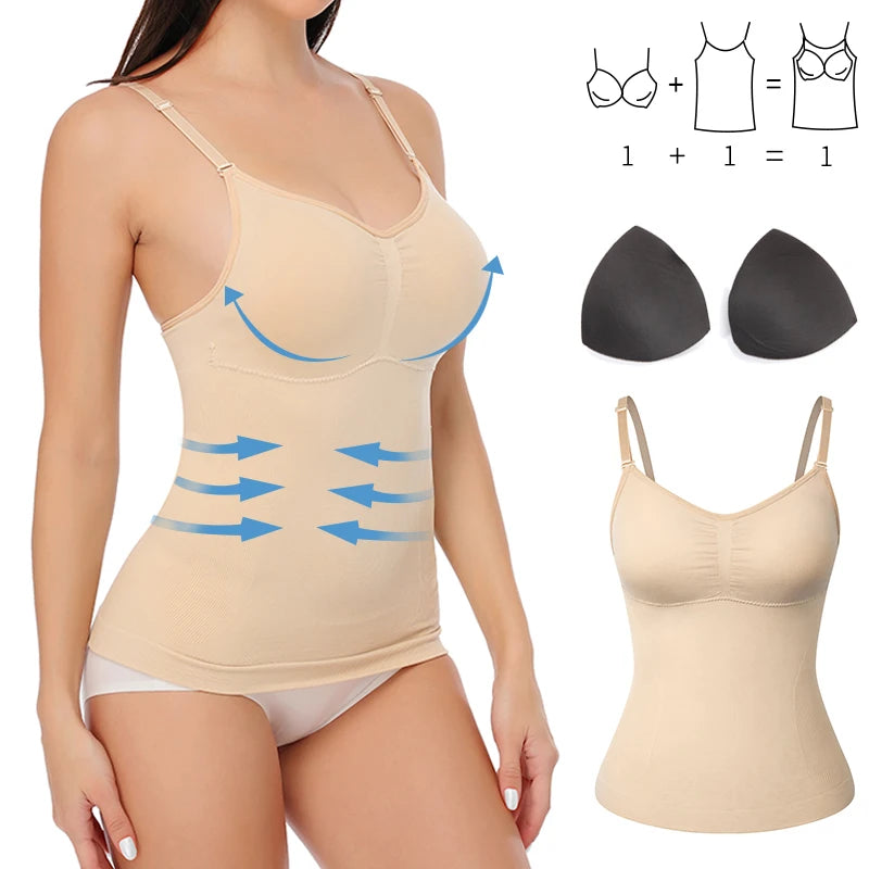 Padded Shaperwear Compression Camisole Body Shaper Woman Tummy Control Tank Tops Slimming Shapers Waist Trainer Corset Slim Vest